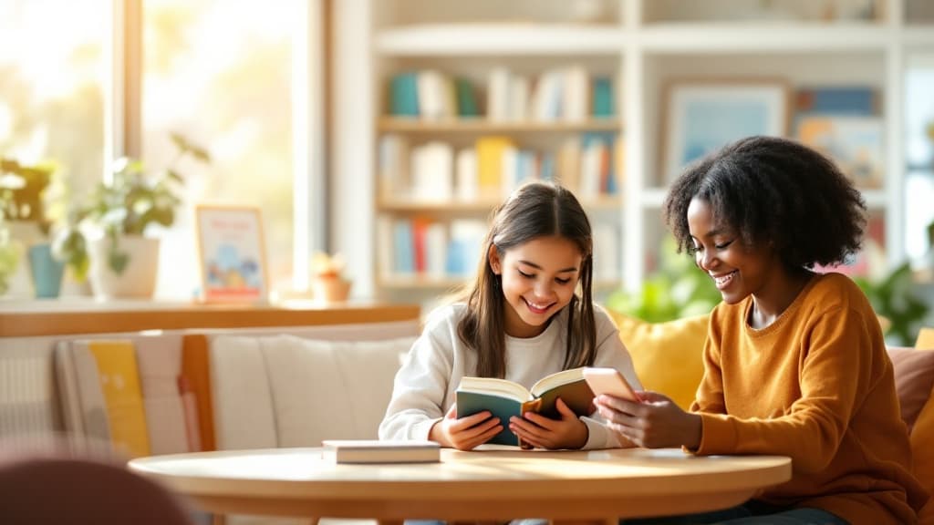 Children discovering books on the BrightShelf platform with colorful, friendly interface