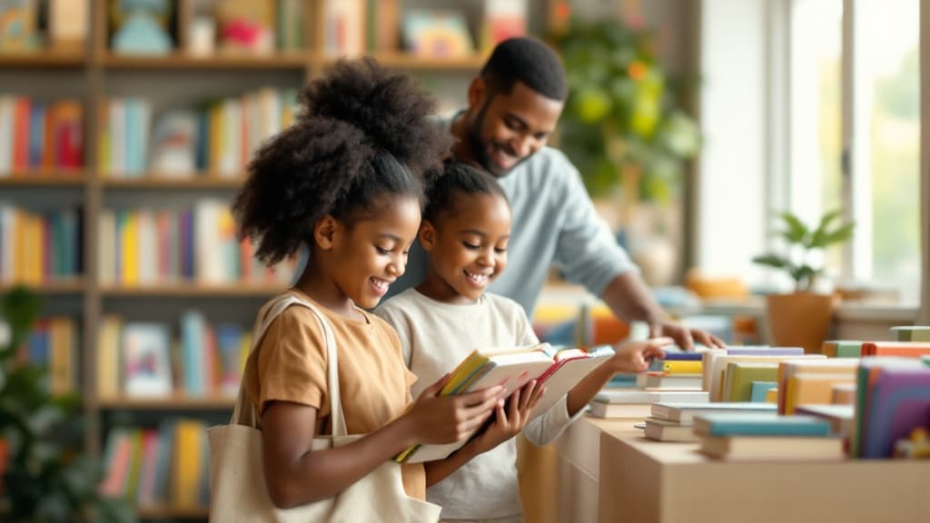 Family using BrightShelf at the library, browsing books together on a tablet